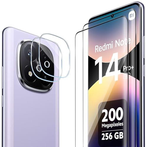ELYCO Cristal Templado para Xiaomi Redmi Note 14 Pro Plus/14 Pro+ 5G, 2 Piezas Protector de Pantalla + 2 Piezas Protector de Lente Cámara, 9H Dureza Anti-Rasguños, HD Transparente