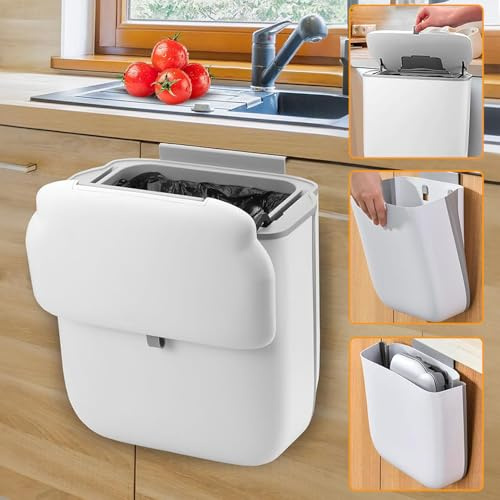 Kitchen Hanging Food Waste Bin, Trash Can Caddy For Cupboard With Slide& Flip Lid Wall Sticking And Cabinet Door Mounted Foldable Garbage Can For Under Sink Camping RV Bathroom (White)