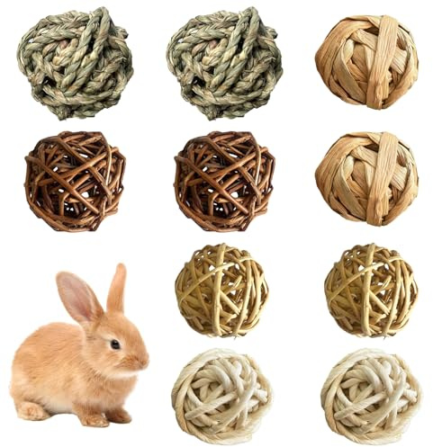 QKNOSM 10 Stück Hasen Kaubälle Set, Grasspielzeug Hasen Kauspielzeug Natur Hamster Spielzeug für Kleintiere Hamster Kaninchen Meerschweinchen Chinchilla Rennmäuse