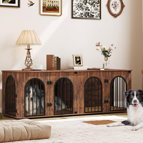 Hzuaneri 180 cm Hundekäfig Möbel für 2 Hunde, Hundebox Kissen, Vintagebraun | Doppel-Hundebox aus Holz mit Trennwand, Hundekäfig-Beistelltisch, TV-Ständer-Design für Mittlere/Große Hunde, DFC91901B