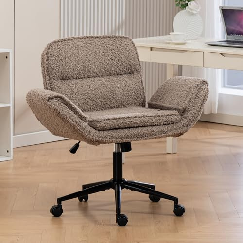 kozamas Ergonomischer Bürostuhl mit Teddy-Fleece – Criss-Cross-Schreibtischstuhl mit klappbaren Armlehnen, höhenverstellbar, 360° drehbar, für Home Office & Wohnzimmer, Braun