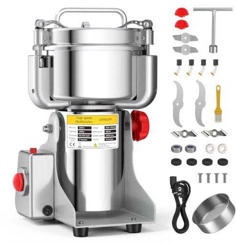 Mulino per Cereali Elettrica 2000 g, Oscillare, 3600 W & 32000RPM– Macinacereali con Open-Cover-Stop, timer 5 min e setaccio per erbe, frutta secca, caffè – Acciaio inossidabile