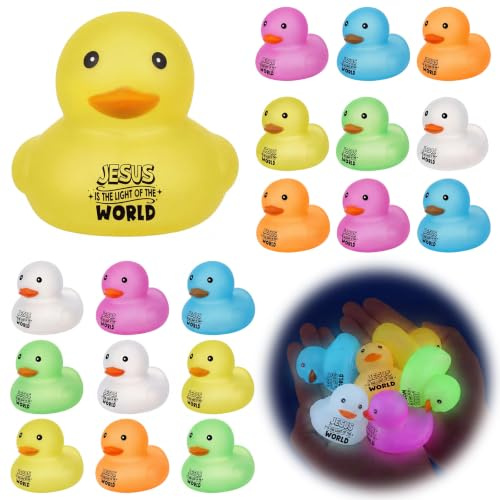 Chitidr Lot de 25 canards chrétiens phosphorescents en caoutchouc | Jesus Is The Light of The World, canards religieux de 5,6 cm, verset de la Bible, jouet couineur lumineux pour baignoire