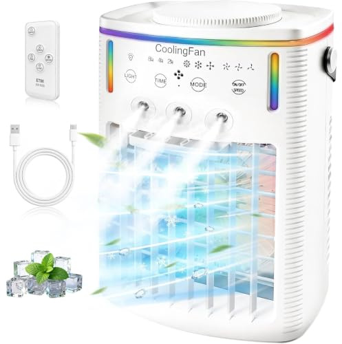 2026 New 4-in-1 Portable Air Conditioner with 1000ML Tank, Rechargeable USB Cooling Fan with 3 Speeds & 2 Mist Modes, Timers Auto-Off, Ultra Quiet Desktop Humidifier for Home, Office, Bedroom, white