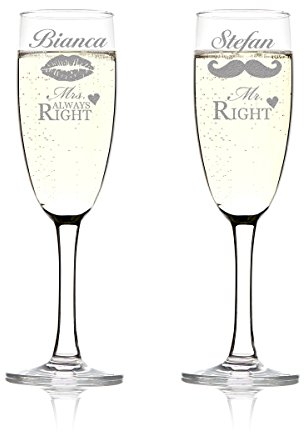 Bicchieri da spumante con incisione in set da 2 pezzi per coppie con Mr. Right e Mrs. always Right – Calici da spumante come regalo per matrimonio o per ricevimento di secchezza nell'ufficio del registro per la parola sì o come decorazione da tavolo