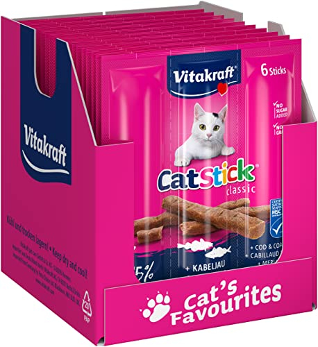Vitakraft Cat Stick Classic, Katzen Leckerli, fleischiger Stick, mit Kabeljau und Seelachs, Vorratsgröße, ohne Zusatz von Zucker (10x 36g)