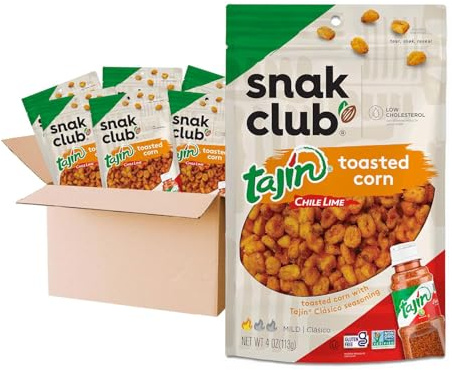 Snak Club Tajin Maïs rôti, pépites de maïs rôties avec piment et épices de citron vert, doux, sans OGM, sans gluten, collation casher, sans colorants ni arômes artificiels, refermables