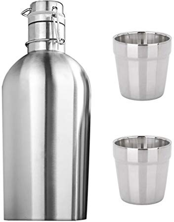 Tubayia 2L Edelstahl Wasserflasche Trinkflaschen Thermoflasche mit 2 Stück 180ml Becher für Camping