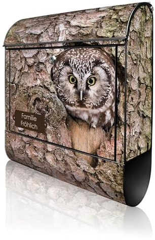 banjado Design Briefkasten personalisiert 38,5x46,5x13cm & 2 Schlüssel - Briefkasten Stahl Schwarz Zeitungsfach pulverbeschichtet - Postkasten A4 Einwurf inkl. Montagematerial - Motiv Eule