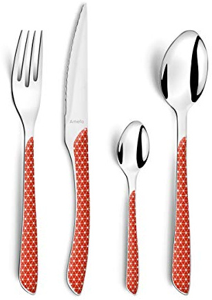 AMEFA - 24-teiliges Tafelbesteck für 6 Personen – Eclat Géo – Edelstahl 18/0, glänzende Oberfläche – Rot und Weiß | Besteckset 24-teilig für 6 Personen, Edelstahl 18/0, zweifarbiger ABS-Griff, spülmaschinenfest
