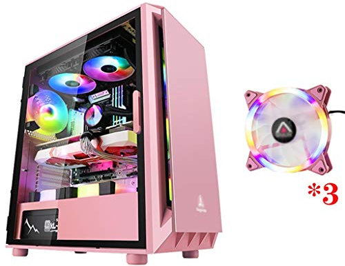 Gaming Case,Mid-Tower PC Gaming Case ATX/M-ATX/ITX - Front I/O USB 3.0 Port - Transparent Side - Contains Colored Light Fan- Water-Cooling Ready (Color : Pink, Size : 3 fan)