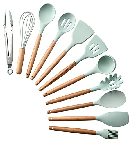 Küchenutensilios Zubehör Werkzeuge Kochgeschirr Set Kochlöffel Gadget Spatula Holzkichen (Color : Green 11PCS)