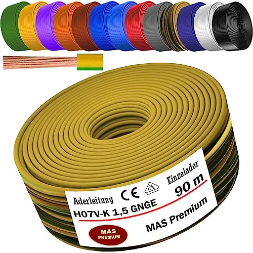 MAS Premium Von 5 bis 100m Aderleitung H07 V-K 1x1,5 mm² SW HBL GNGE GN RT DBL BR OR GR WS VIO U-MAR.BL RS RTWS DBLWS oder GE Einzelader flexibel (Grün/Gelb, 90m)