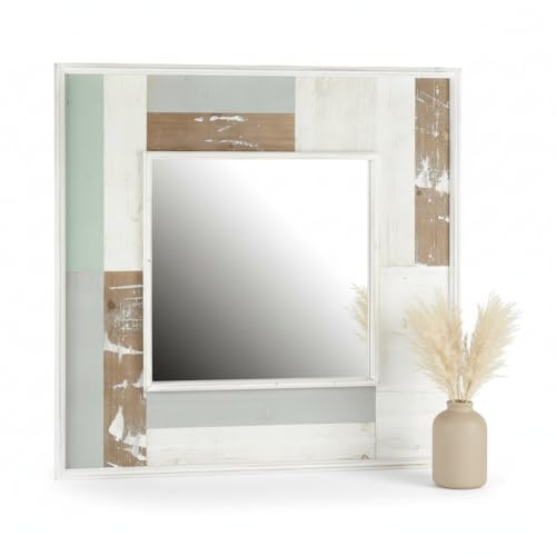 Melko Wandspiegel Badspiegel Vintage 80x80 cm Holzrahmen Weiß Shabby Chic | Echtholz, horizontal oder vertikal aufhängbar, für Flur, Wohnzimmer und Schlafzimmer, vergrößert Räume optisch, Dekospiegel