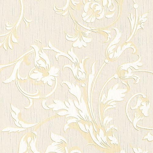 Profhome Blumen Tapete 956337-GU Textiltapete creme gold beige 0,53 m x 10,05 m / 5,33 m2