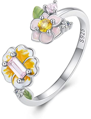 Qings Offener Ring mit glänzender Blume 925er Sterlingsilber Rosa Gelb Blühende Blumen grüne Blätter verstellbarer Ring für Frauen und Mädchen