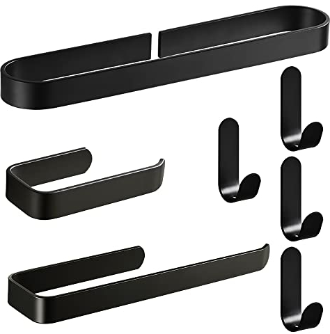 Conjunto de Accesorios Negro Mate - 7 Piezas Hardware de baño con Toalla pegajosa, Papel higiénico y Gancho de Ropa