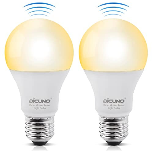 DiCUNO Motion Sensor Bulbs E27, 12W (100W Halogen), Warm White 3000K, 1100LM ES Motion Activated Security Light, 100V-240V LED Bulbs for Front Door, Basement, Garage, Porch, 2 Pcs