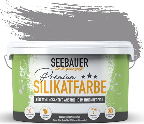 SEEBAUER diy Silikatfarbe Grau 5L für Innen (No. 232 Misty Moor) Atmungsaktive Mineralfarbe für Allergiker - Abwaschbare Wandfarbe - Grautöne hohe Deckkraft