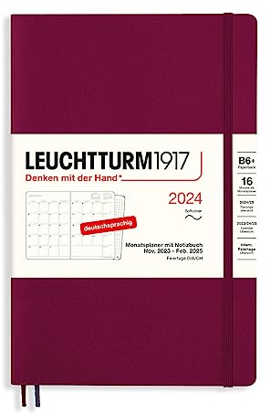 LEUCHTTURM1917 367578 Monatsplaner & Notizbuch Paperback (B6+) 2024, 16 Monate, Softcover, Port Red, Deutsch