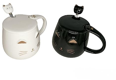 Duo Becher Katze Kawaii – Schwarz und Weiß – mit Deckel und Löffel | Tasse Katze mit Deckel & Löffel – Aufguss, Tee, Kaffee – originelle japanische Tasse – Geschenkidee Japan Asien