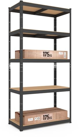 baudim® Schwerlastregal 180x70x30 cm, 5 MDF-Böden, 875 kg, Schwarz, Metall | Platzsparende Organisation, variable Facheinteilung, Lastenregal, Aufbewahrungsregal, Keller, Vorratsraum, Vorräte, Werkzeug.