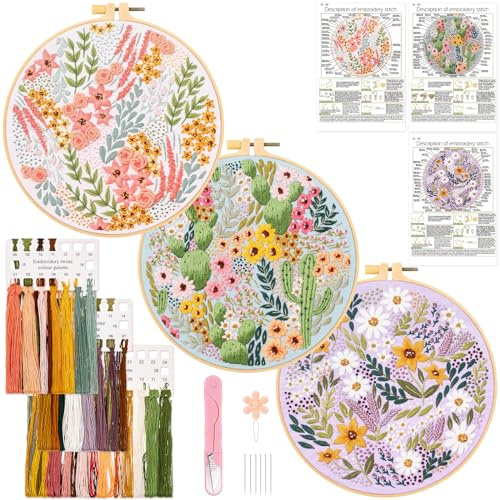 JSRQT 3 Piezas Kit de Inicio de Bordado Con Patrón de Plantas de Flores,Kit de Herramienta de Punto Cruz,Mano Kit de Inicio de Bordado para Adulto Principiantes