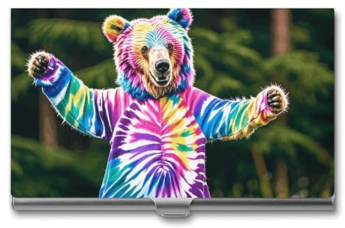 VFKLT Bear Dancing Tie Dye Visitenkartenetui Tasche Slim Portable Metall Visitenkartenetui Visitenkarten-Organizer Kreditkartenetui Multi-Kartenetui für Männer Frauen Reisen Büro, silber,