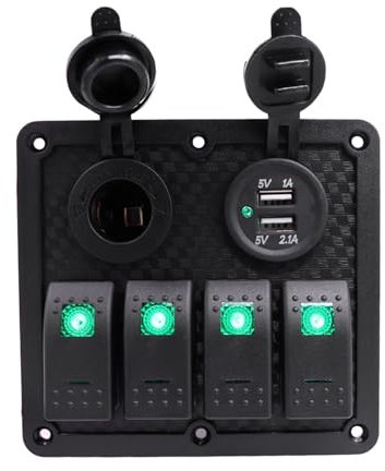 MUEOSI Panneau de Commutation 12 V à 4 interrupteurs avec Prise Allume-Cigare avec fusible, Double Port USB, lumière 3,1 A, for Camping-Car, Yacht, Camping-Car, Bateau Tableau électrique