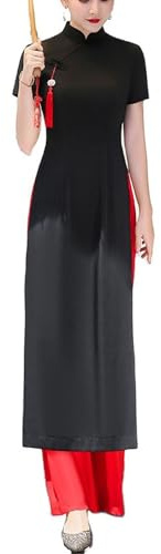 SXTYYH Ao Dai Cheongsam Vietnamesisk Klänning for Kvinnor Elegant Qipao Kinesisk Traditionell Klänning Sommar Hanfu for Dagligt Bruk(Black,L)