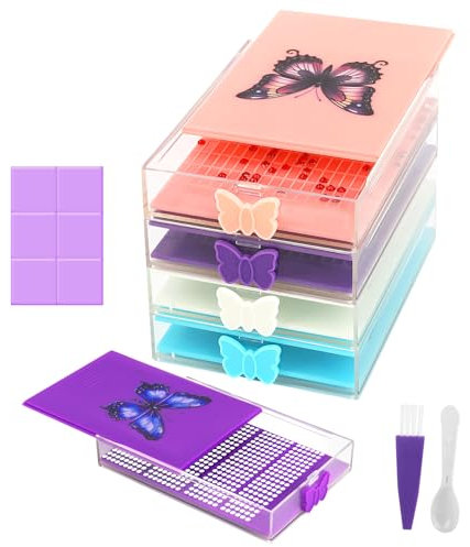XZTXBest 4-Stück Diamond Painting Aufbewahrung Schiffchen Set mit Schmetterling Deckel, 24 PCS Starke Klebrigkeit Ton Kleber mit Slide Storage Box für Diamant-Malerei Zubehör und Werkzeuge