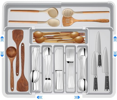 Veftsvy Portaposate per cassetti, portaposate con 9 scomparti, grande inserto regolabile per coltelli, forchetta, cucchiaio, per riporre posate da cucina, cassetto, grigio