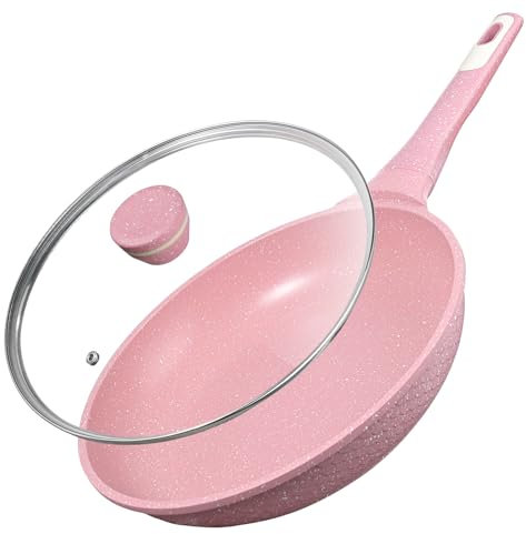 DYGG Padella Antiaderente 20 cm con Coperchio in Vetro, 100% Senza PFAS/PFOA, per Tutti Piani Cottura Incl. Induzione, Rivestimento Granito Rosa