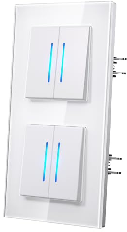 MVAVA Interruptores Conmutador con Garfio,Interruptor pared con Cristal,Basculante Con Pilotitos LED,Fácil Instalación,Conectores de Resortes,2 Gang 2 Vía,157mm Blanco