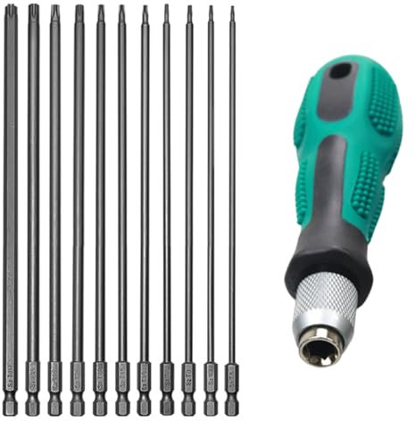 Jortmrd 12 Pezzi Cacciaviti Torx Lunghe 200mm con Foro, in Acciaio S2 T6-T40 con Manico a Sgancio Rapido Punte Cacciavite Adatte per Trapano Avvitatore con Albero Esagonale da 1/4