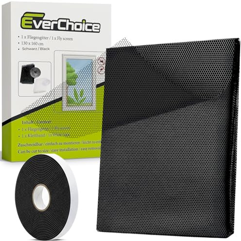 EverChoice Fliegengitter Fenster | 130x160 cm | schwarz | 1 Stück | Polyester | Insektenschutz ohne Bohren | Fliegennetz mit Klettband | Zuschneidbar | Mückennetz | Moskitonetz
