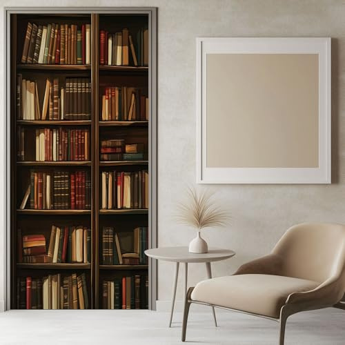 Türtapete Selbstklebend Bücherregal Der Bibliothek 86x200 cm Braun, Türaufkleber Fototapete Türfolie Wasserdichte Abnehmbare Türposter Innentür Schlafzimmer Mädchen und Junge