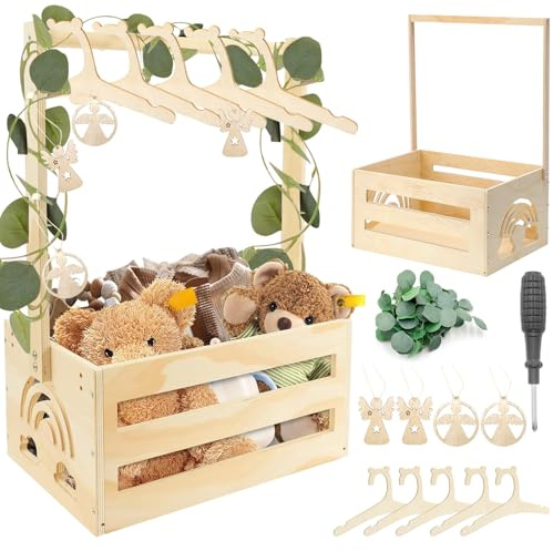 Regali Baby Shower - Cesto Nascita Bimbo in Legno con Ruote, Maniglia & 5 Grucce Arcobaleno | Scatola Organizzatore per Cesto Prodotti Neonato, Set Bagno e Idee Regalo Nascita(arcobaleno)