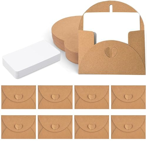 ZHYOPING 50 Stück Mini Briefumschläge mit Herz Verschluss & 50 Blanko Karten – Kraftpapier Umschläge 10.3x7cm für Hochzeit, Geschenkkarten, DIY, Einladung, Dankeskarten, Valentinstag, Weihnachten