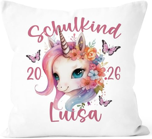 SpecialMe® Kissen-Bezug Kinder Schulkind Geschenk zur Einschulung 2026 Jahreszahl anpassbar personalisiert mit Namen Einhorn Kissenhülle Baumwolle Weiss Standard