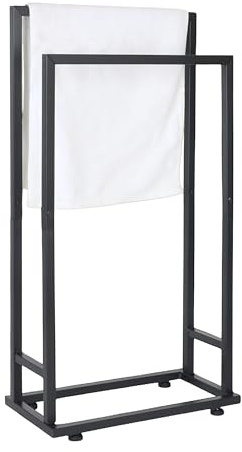 Relaxdays Handtuchständer, HxBxT: 77 x 41 x 21 cm, Metall, schwarz | 2 Stangen, stehender Handtuchhalter, Badezimmer