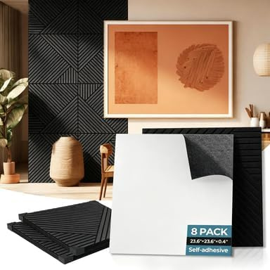 AKUMAX Self-Adhesive Soundproof Wall Panels- Wood 3D Wall Panels Cladding - Decorative & Sound Absorbing Acoustic Panels-Fire Retardant & FSC Certified -Pack of 8 Panels – 60x60cm(Gray, 60*60CM)