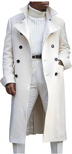 Manteau Homme Hiver en Laine Mélangée Manteau Long Chaud Trench Coat Caban Pardessus Épais Parka Duffle-Coat Slim Fit pour Automne Et Hiver Veste Longue Homme Blanc M