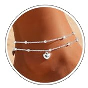Chihayafuji Fußkettchen für Damen Silber 925 Gold Verstellbares Wasserfest Herz Doppelte Stapelbar Fussketten Sommer Strand Fußkette Schmuck Geschenk Mädchen Frauen