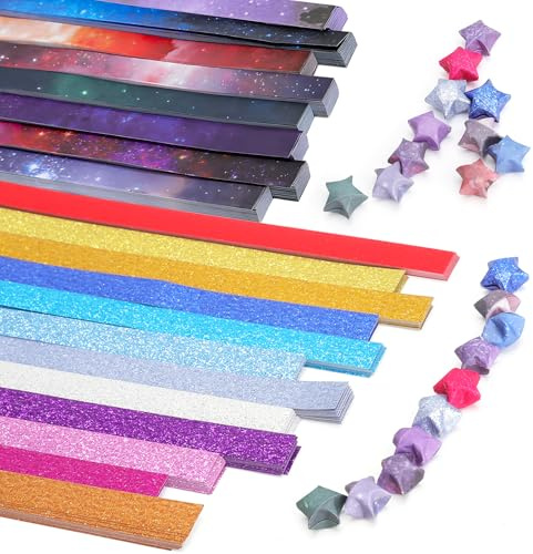 LOLANIUT Set di 2 strisce di carta per origami, 360 fogli con glitter 18 colori e 540 fogli di carta cielo stellato, origami stelle di carta per fai da te, stelle portafortuna, idee regalo e scuola