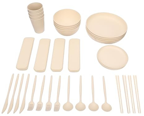 Fdit Set di Stoviglie Infrangibili per 4 Persone, Piatti Leggeri, Ciotole, Posate, 44 Pezzi, Materiale PP per Picnic in Casa, Campeggio, Include Scatola Portaoggetti