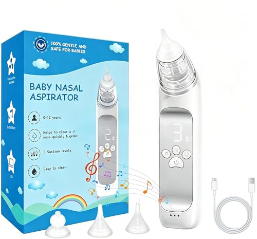 Aspirateur nasal électrique pour bébé, ventouse de morve rechargeable avec musique apaisante et lumière, nettoyeur de nez à 3 vitesses pour nouveau-nés et tout-petits, 3 embouts en silicone souple