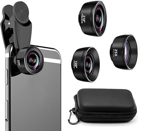 Auricase 3 en 1 Objectif Telephone Portable, Kit Objectif pour iphone, 120° Grand Angle, 25x Macro, 210° Fisheye, Objectif Smartphone pour la Plupart des Smartphones