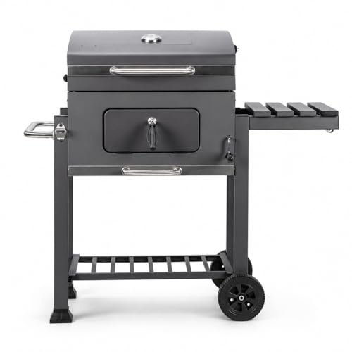 Barbacoa de carbón con tapa y ruedas – Parrilla amplia, mesas laterales, bandeja inferior, color negro, estructura resistente – Barbacoa para jardín y terraza Lorvik