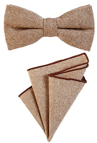 DonDon Herren Fliege 12 x 6 cm gebunden längenverstellbar und Einstecktuch 23 x 23 cm farblich passend aus Baumwolle hellbraun weiß